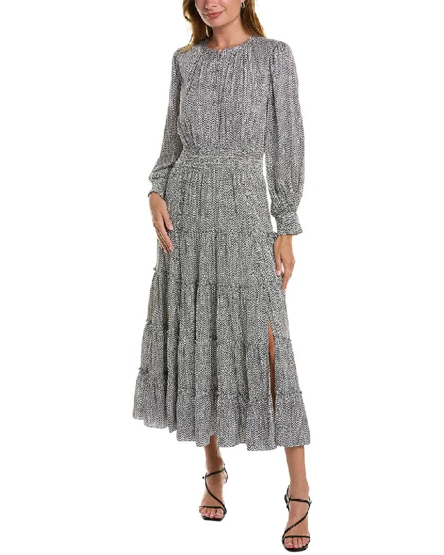 women's velvet dressesElie Tahari Smocked Silk-Blend Maxi Dress