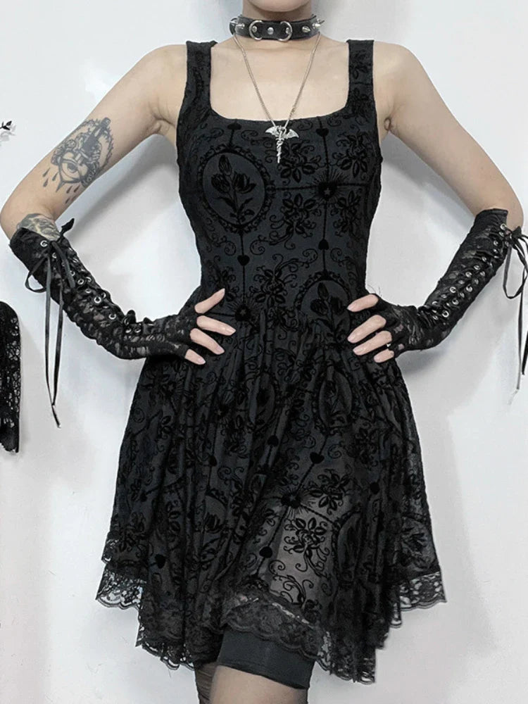 Flowy Dress2024 Up Frock Style Dark Hip Tie Vintage Harajuku A-Line Retro Summer Sexy Wrapped Mini Y2K Gothic Punk New Frock