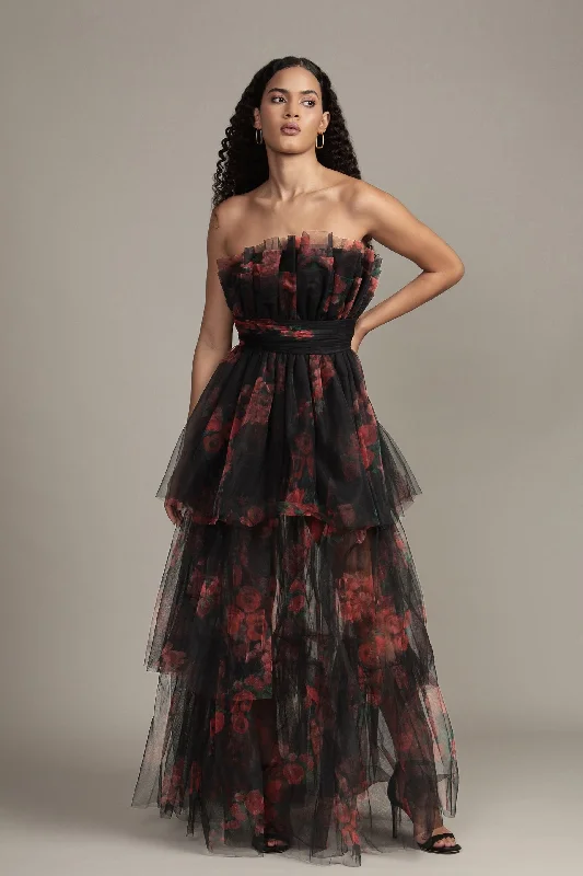 women's trendy dressesNatalia Tulle Maxi Dress in Black and Red Floral