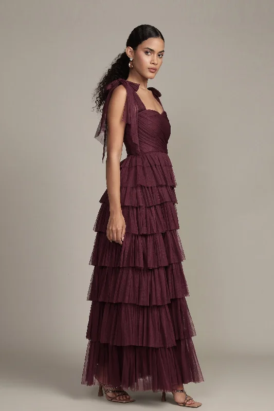 A-Line DressOphelia Plum Maxi Dress with Tie Detail