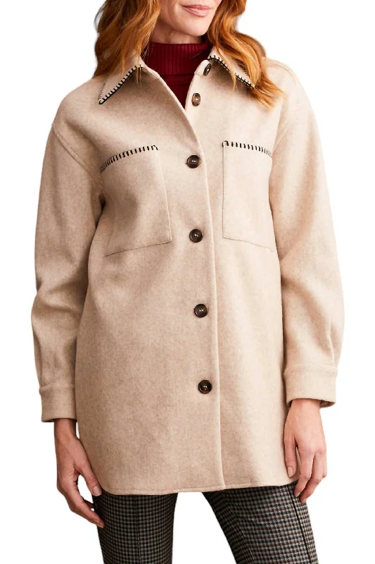 Button-Up Coat With Blanket Stitching In Tan