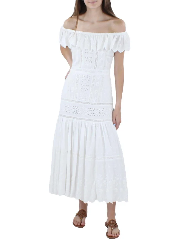 Vintage DressWomens Off-The-Shoulder Eyelet Maxi Dress