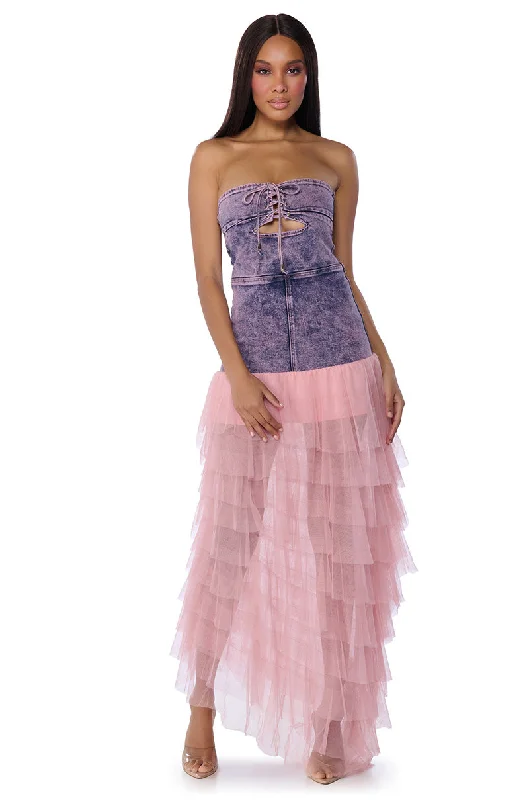 women's affordable dressesSHARPAY RUFFLE DENIM MAXI DRESS