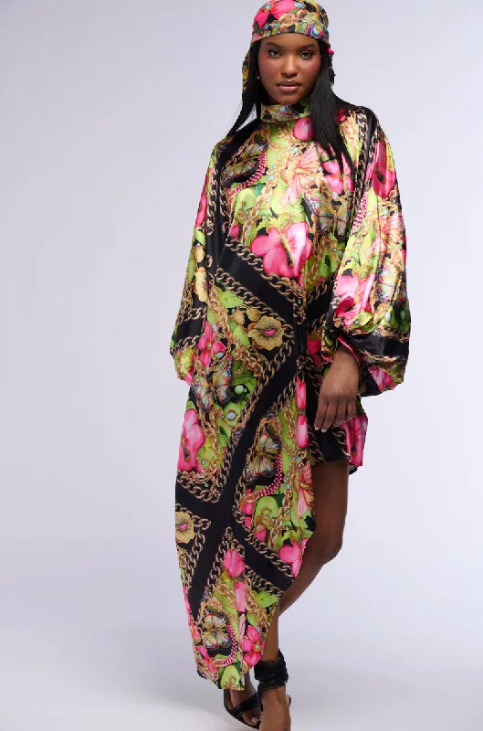 Crepe DressTROPICAL VACATION PRINT SATIN MAXI DRESS IN GREEN MULTI