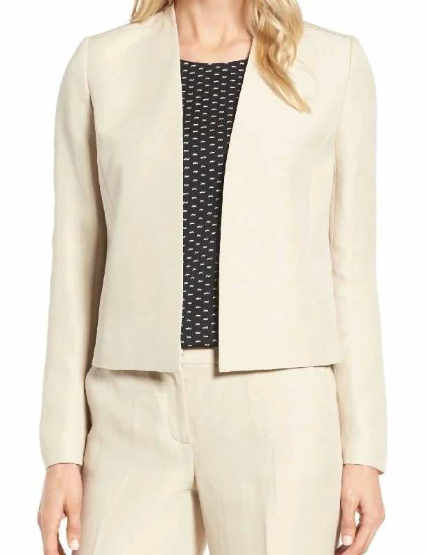 Crop Open Front Linen Blend Jacket In Beige