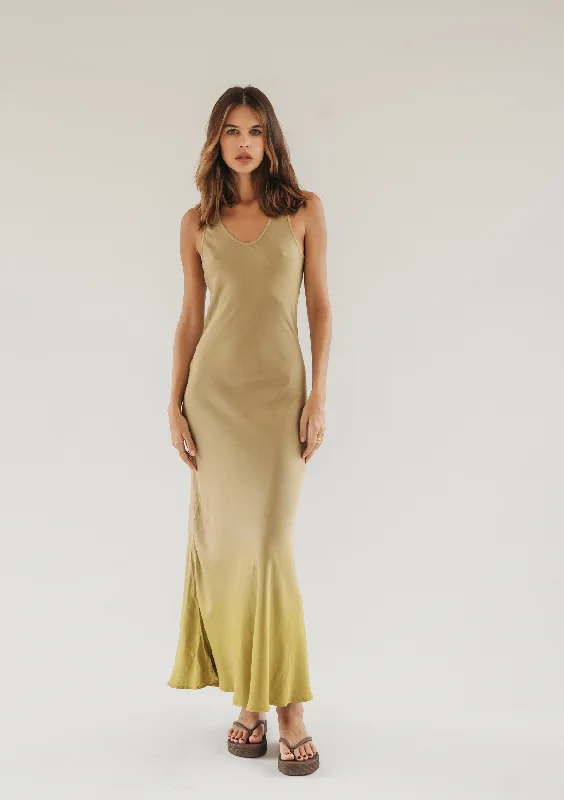 women's ball gown dressesDELLA BIAS MAXI DRESS - CURRY/ OLIVE OIL