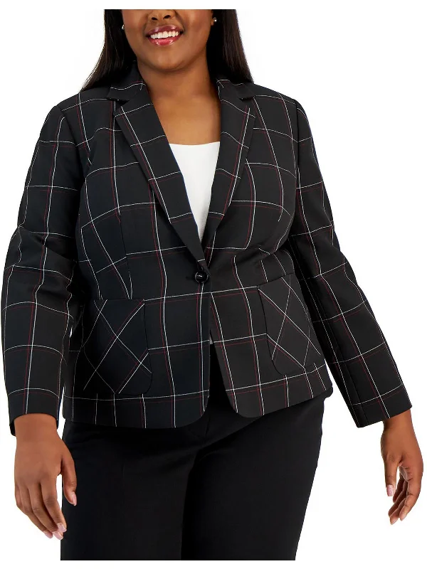 Plus Womens Plaid Office One-Button Blazer