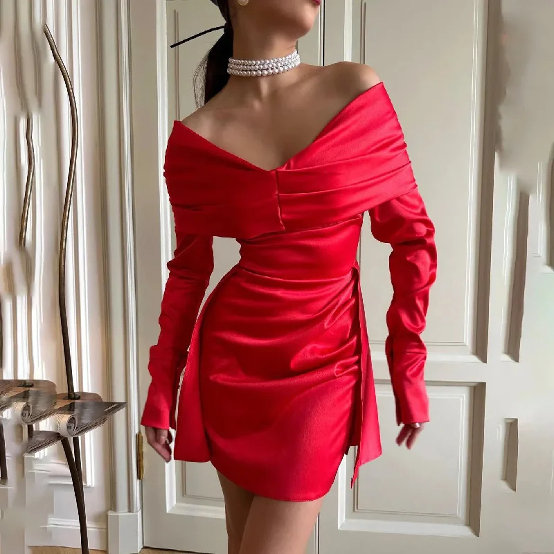 women's ball gown dressesElegant Off Shoulder Slim Mini Red Dress for Christmas Party