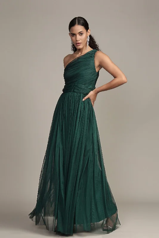 Zipper DressOne Shoulder Maxi Dress in Emerald Green