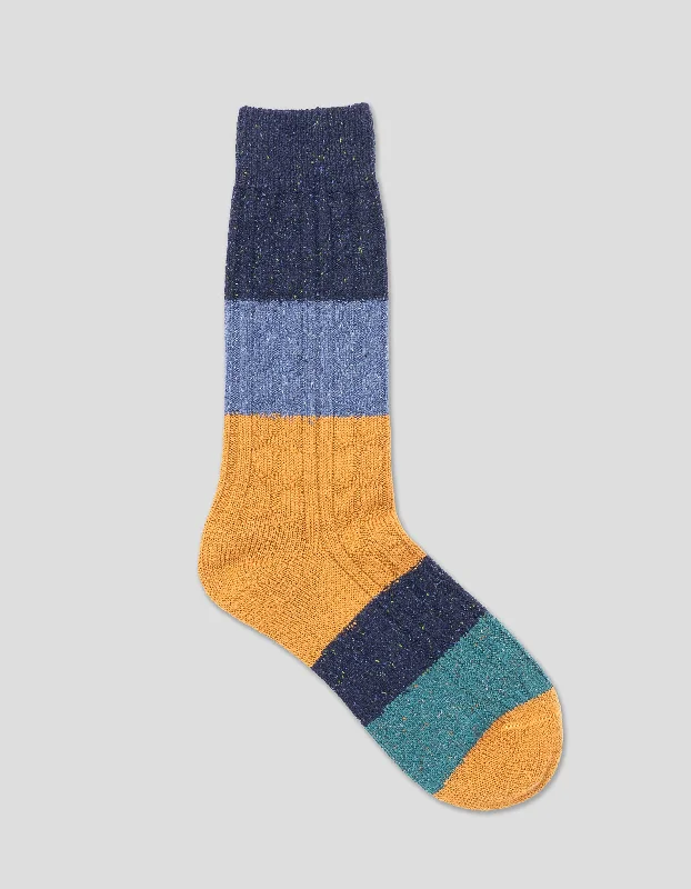 BLOCK STRIPE CABLE WOOL SOCKS - NAVY