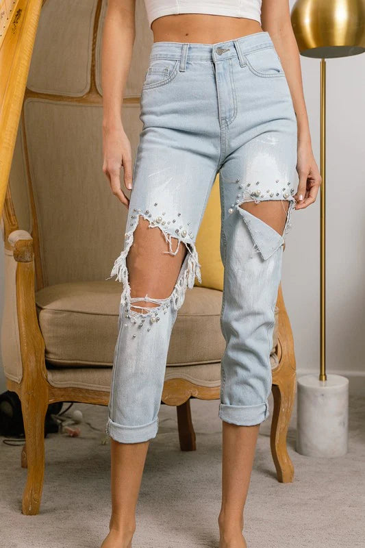 Crepe DressPearl Beaded Blue Denim Jeans