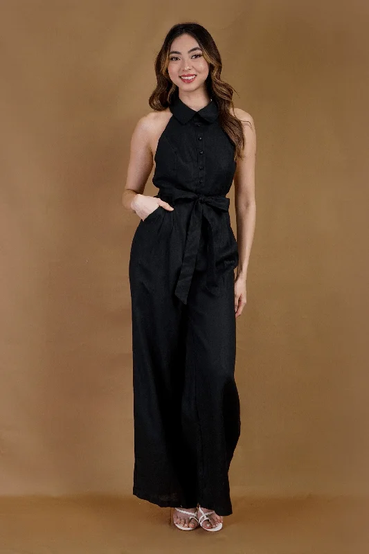 women's jumpsuits for pear-shaped bodiesBlack Linen Halter Jumpsuit