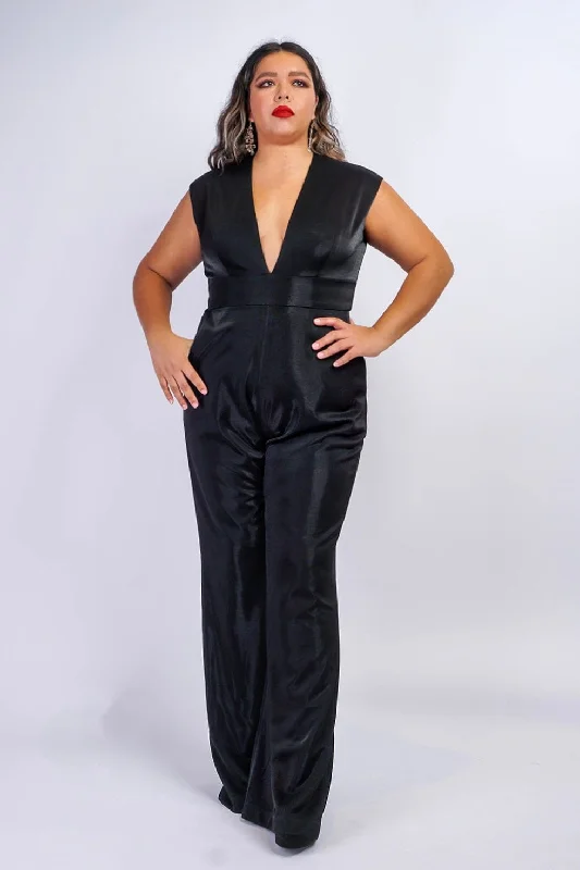 women's jumpsuits for all-day comfortBlack Lux Sheen V Neck Aiden Jumpsuit