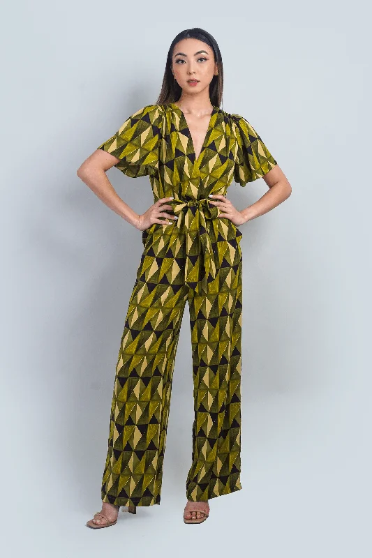 women's jumpsuits for gym sessionsCitron Green Abstract Print Flutter Sleeve Jumpsuit