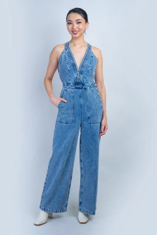 women's jumpsuits for tall womenDenim V Neckline Jumpsuit