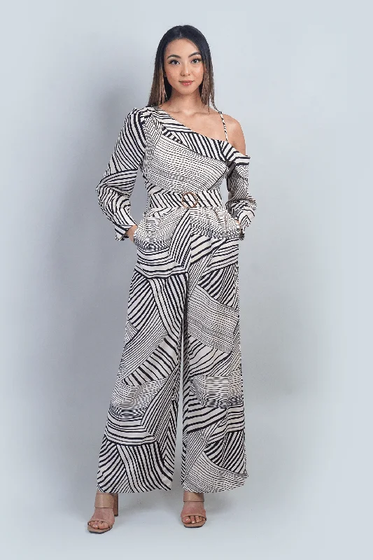 women's jumpsuits for curve-hugging stylesIvory and Black Abstract Print Asymmetrical Shoulder Jumpsuit