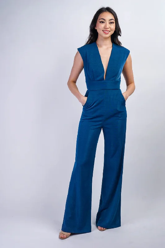 women's jumpsuits for laid-back looksSapphire Blue Luxe V Neck Aiden Jumpsuit