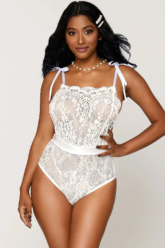 Lace Plunge BrasRibbon Tie Lace & Mesh Teddy