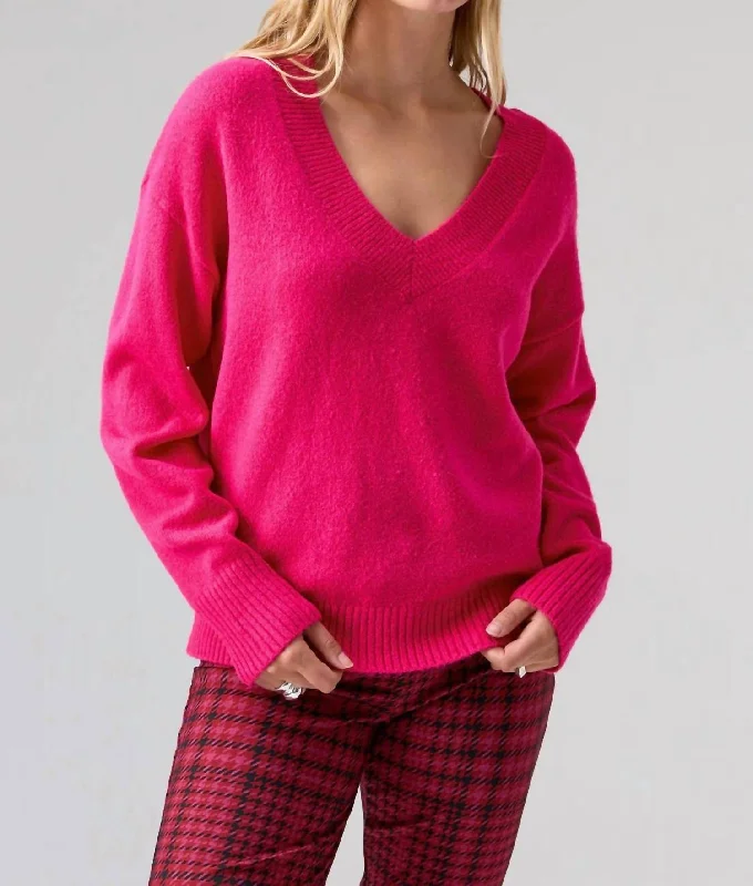 Vintage Flannel SweatersEasy Breezy V Neck Pullover In Flash Pink