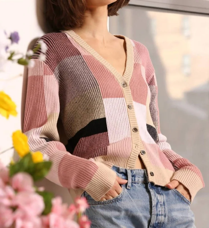 Flannel Patterned Cashmere SweatersRibbed Plaited Cardigan In Colorblock Multi