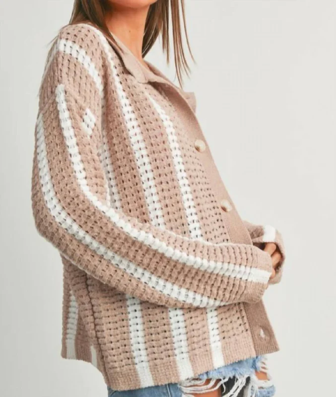 Plus-Size SweatersStripe Button Front Sweater In Beige